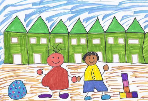 Ein gemaltes Kinderbild, auf dem zwei Kinder zusammen Hand in Hand vor einer grünen Häuserreihe stehen